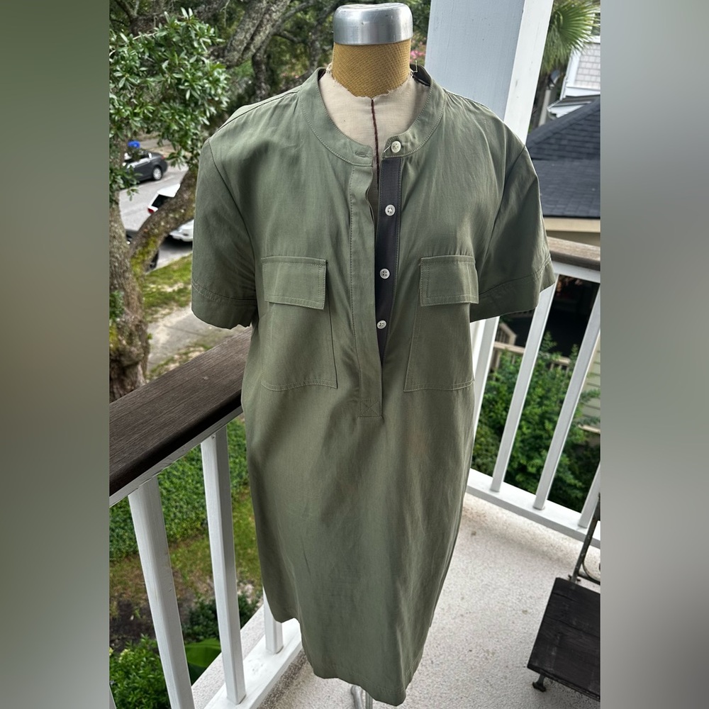 J Crew army green, dress. Size 12. Fits 10/12 well. Cool grey trim contrast.